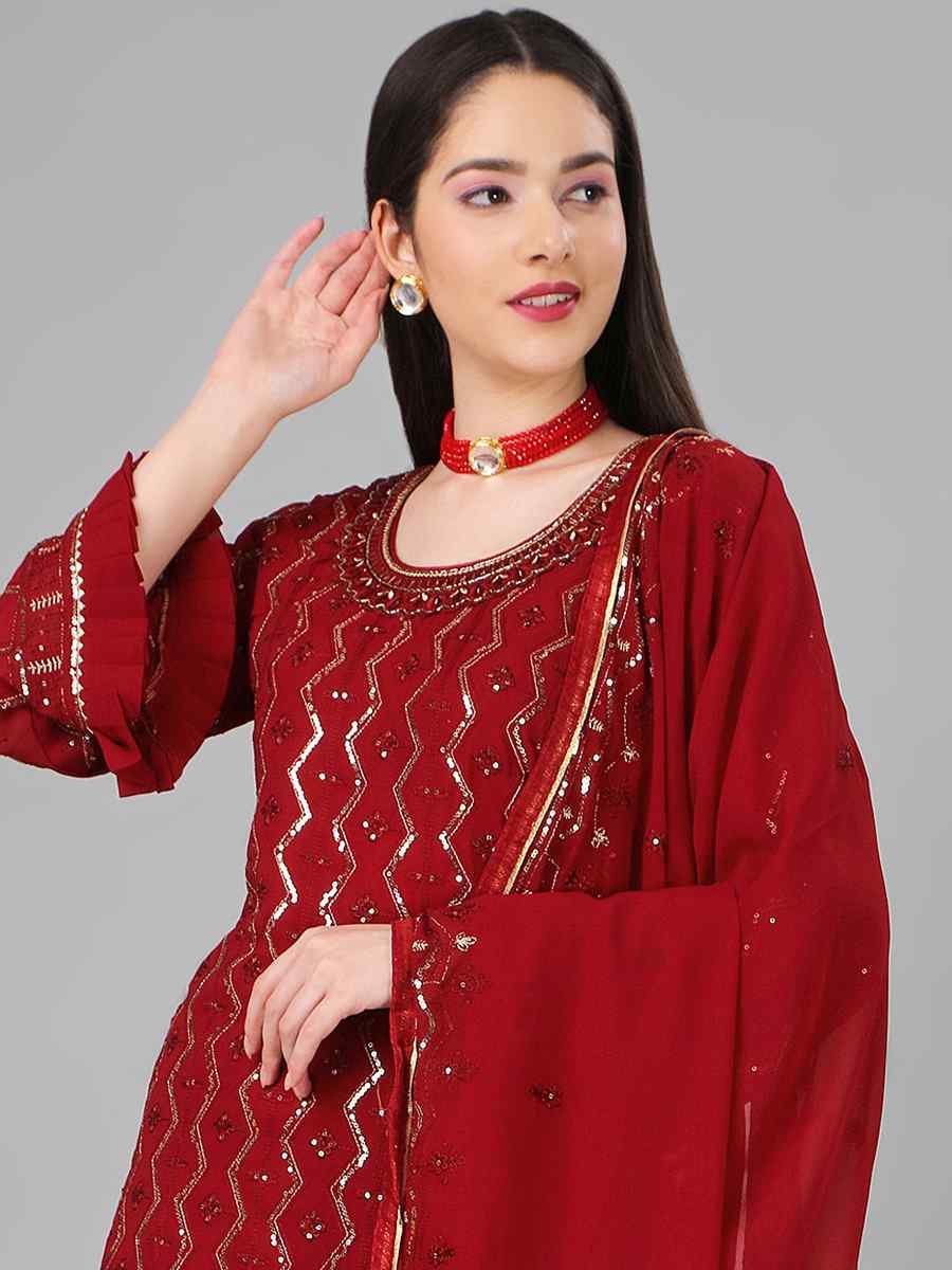 Maroon Heavy Georgette Embroidered Festival Wedding Palazzo Pant Salwar Kameez