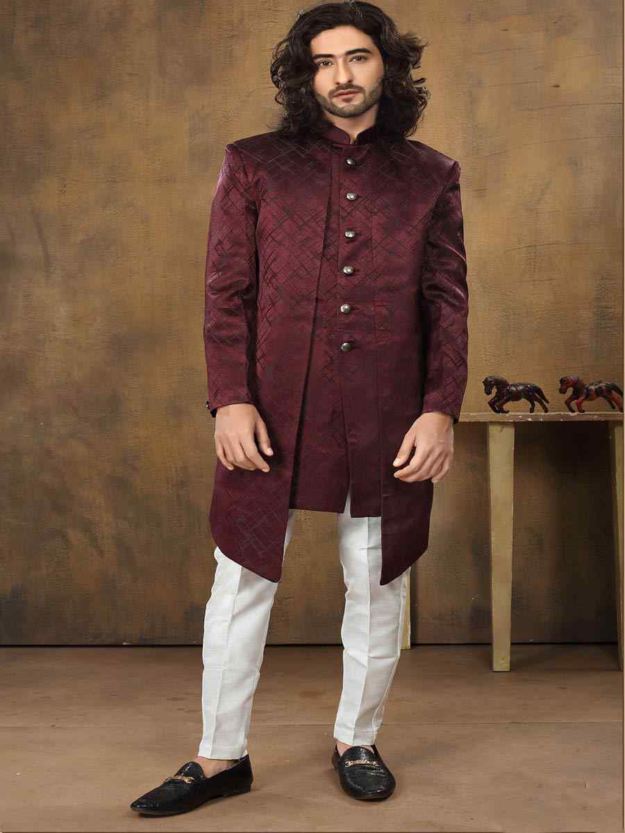 Maroon Imported Woven Groom Wedding Sherwani