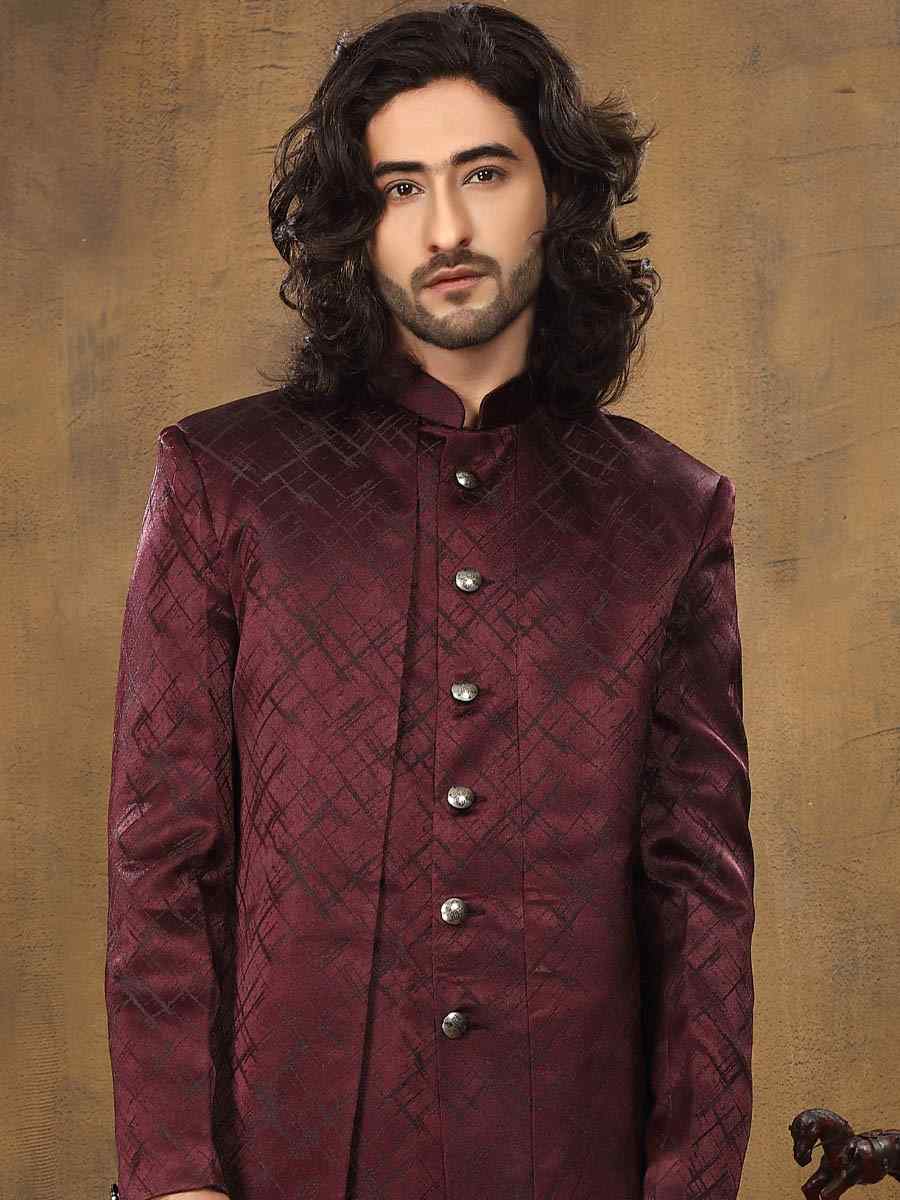 Maroon Imported Woven Groom Wedding Sherwani