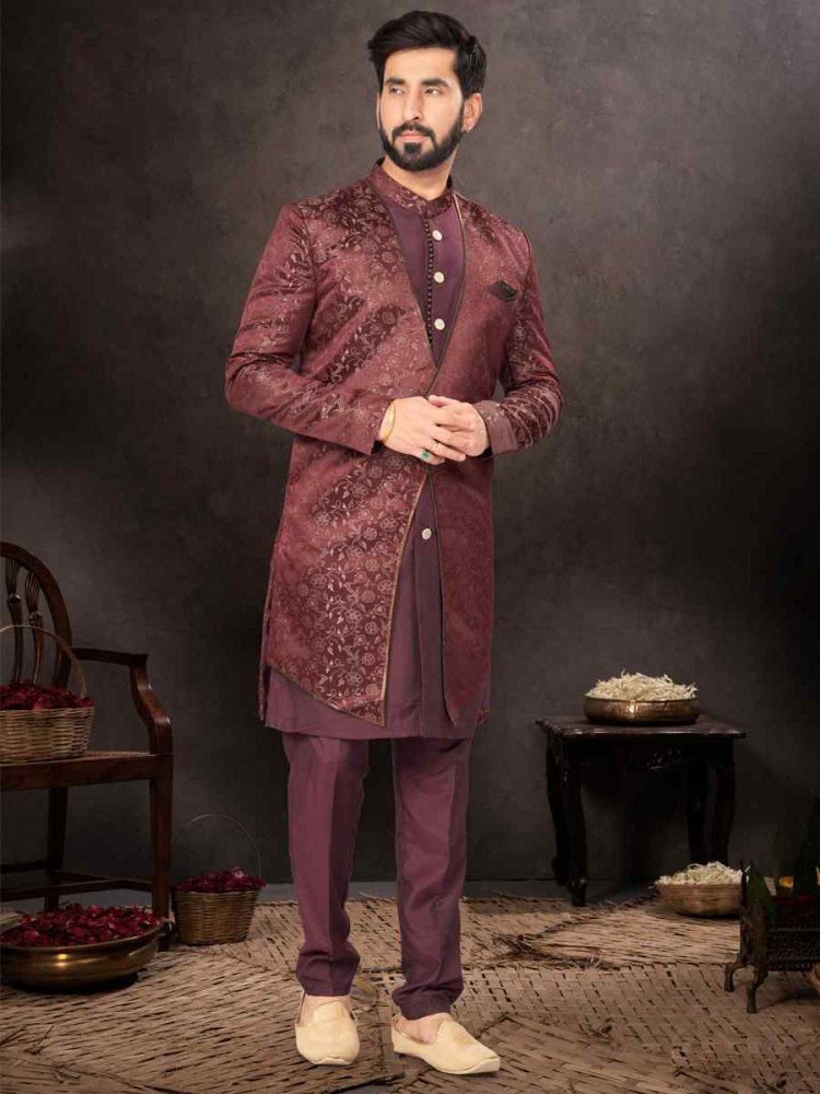 Maroon Jacquard Embroidered Festival Wedding Kurta