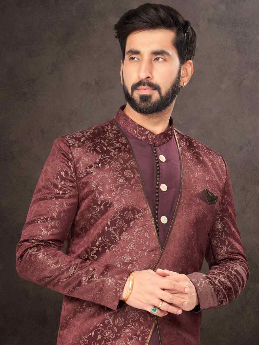 Maroon Jacquard Embroidered Festival Wedding Kurta