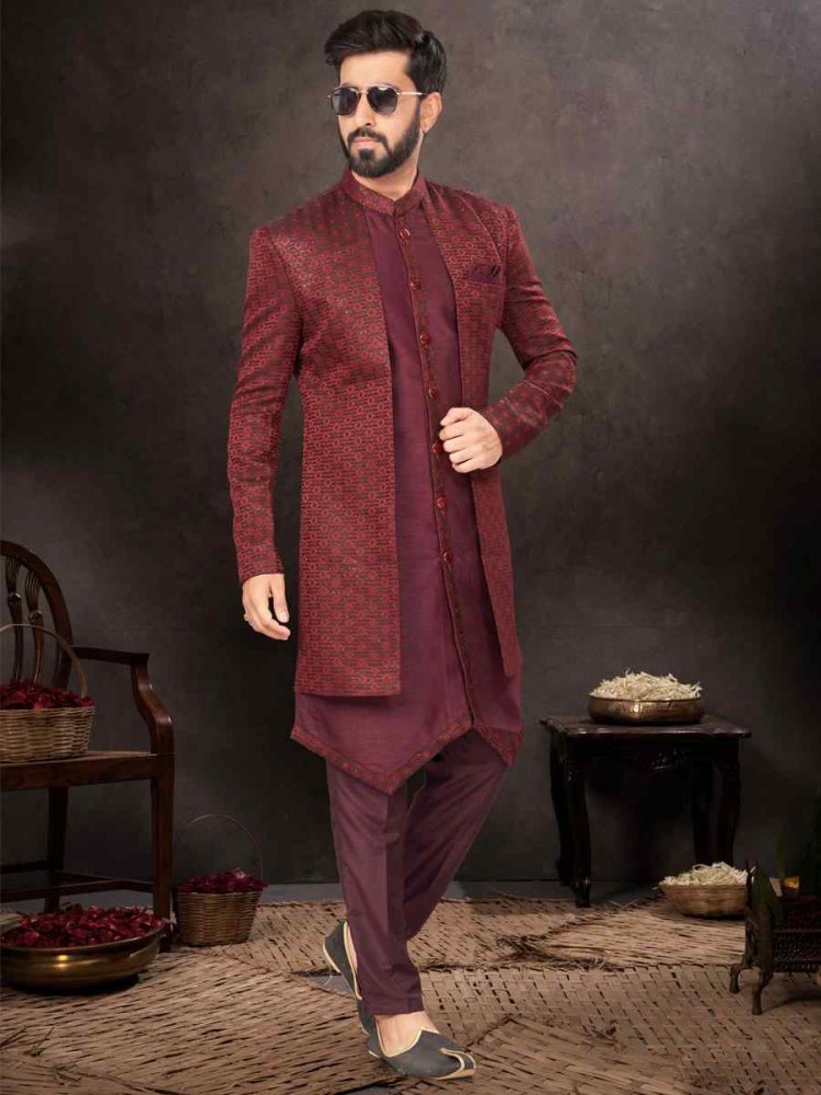 Maroon Jacquard Embroidered Festival Wedding Kurta