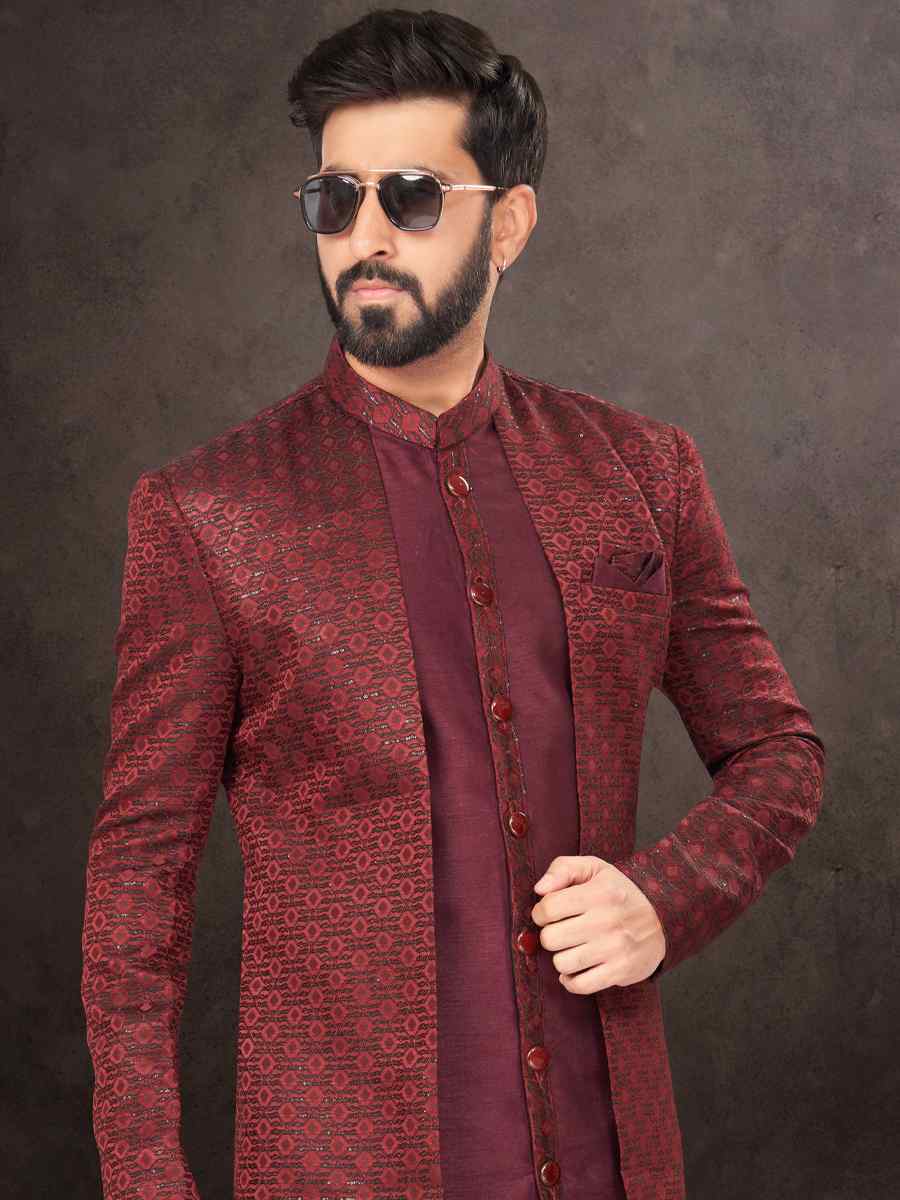 Maroon Jacquard Embroidered Festival Wedding Kurta