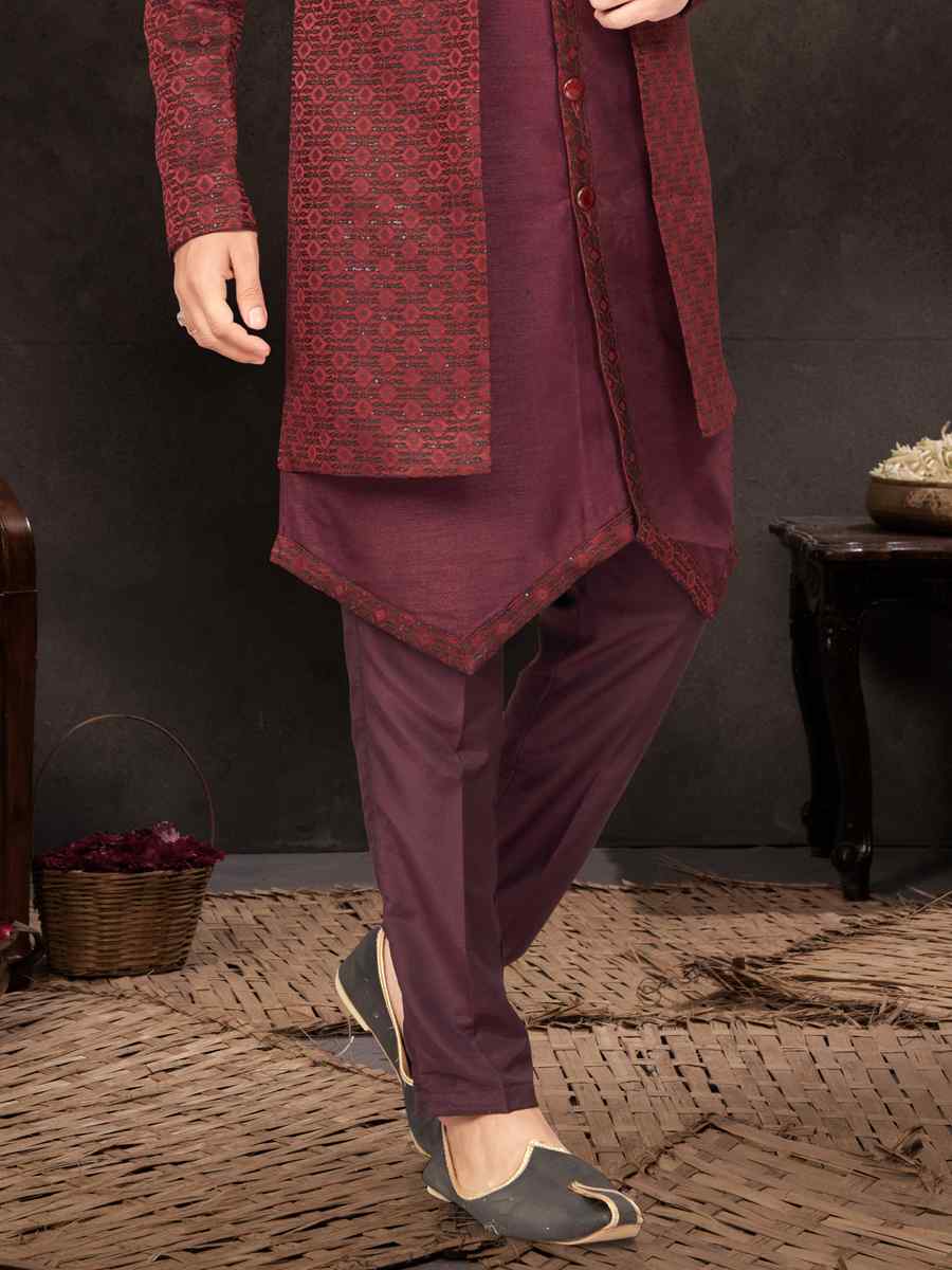 Maroon Jacquard Embroidered Festival Wedding Kurta