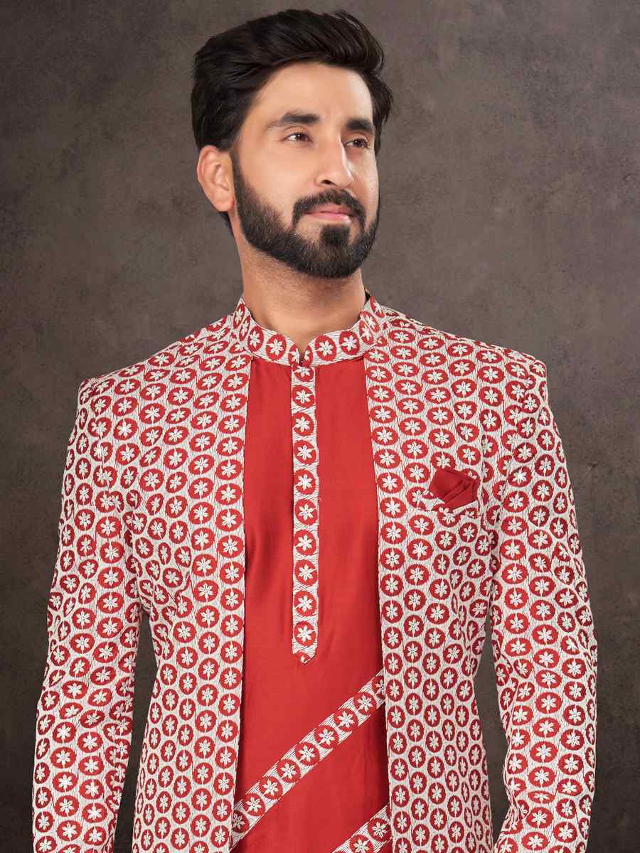 Maroon Jacquard Embroidered Festival Wedding Kurta