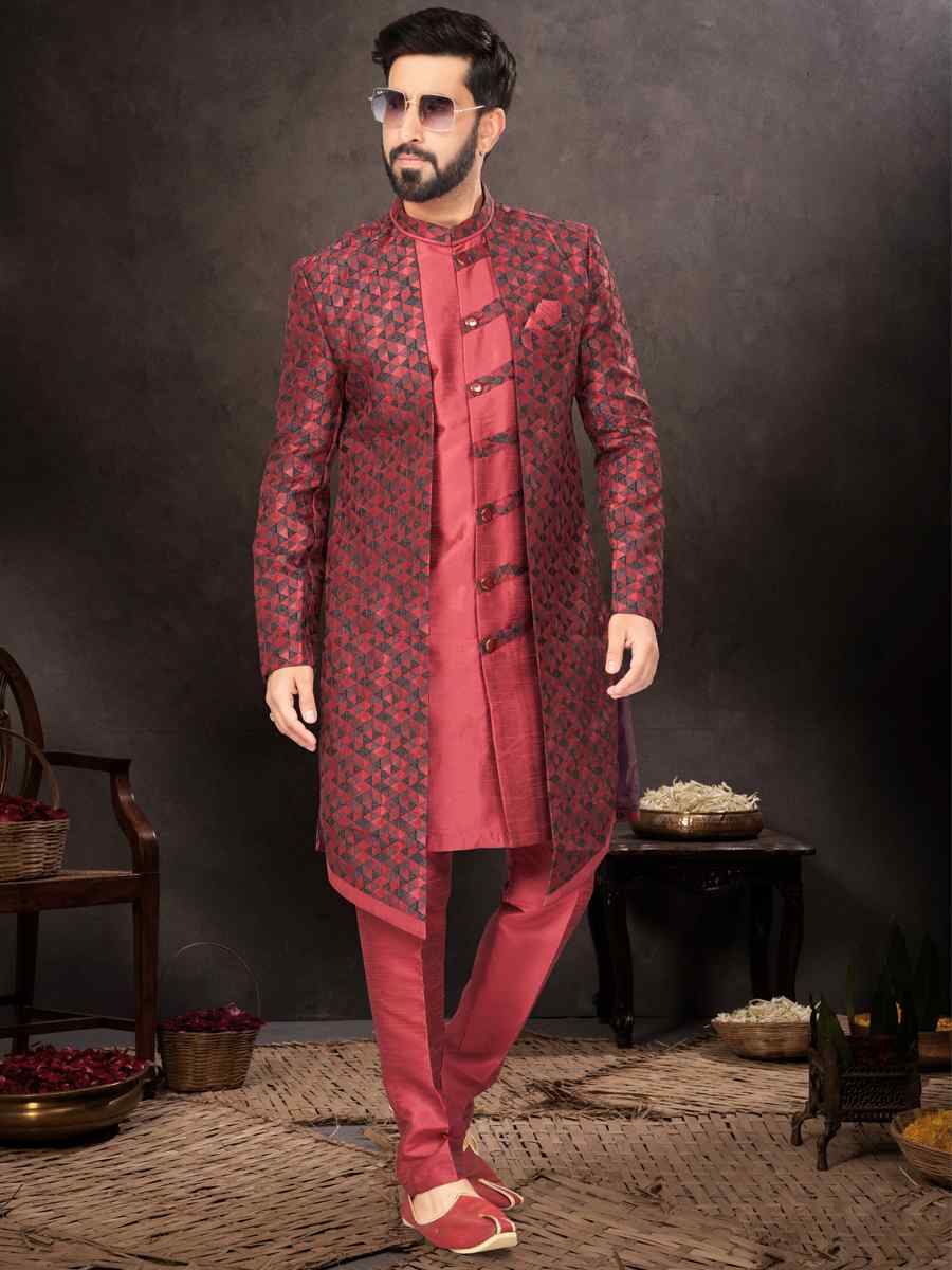 Maroon Jacquard Embroidered Festival Wedding Kurta