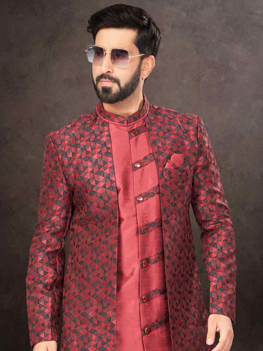 Maroon Jacquard Embroidered Festival Wedding Kurta