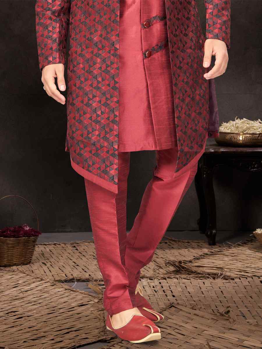 Maroon Jacquard Embroidered Festival Wedding Kurta