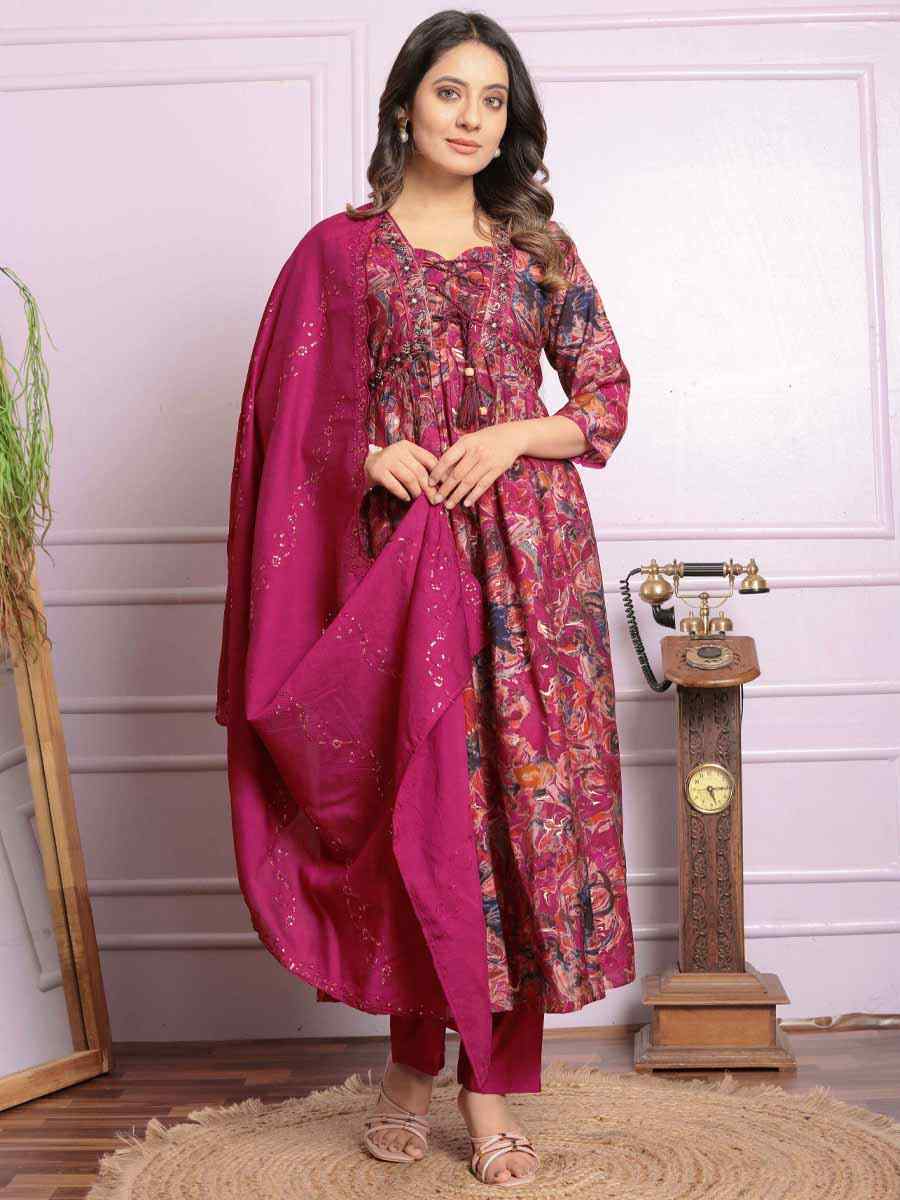 Maroon Modal Silk Embroidered Festival Mehendi Ready Anarkali Salwar Kameez