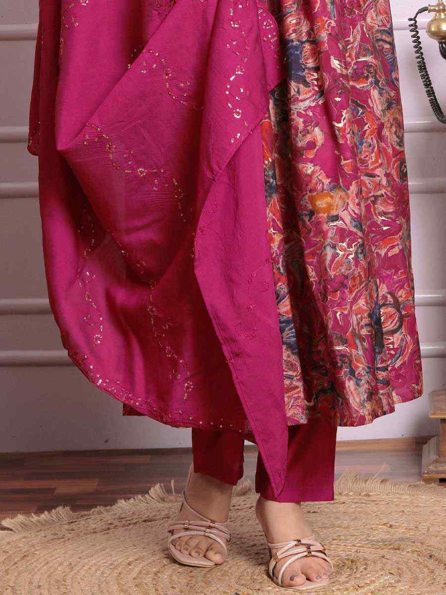 Maroon Modal Silk Embroidered Festival Mehendi Ready Anarkali Salwar Kameez