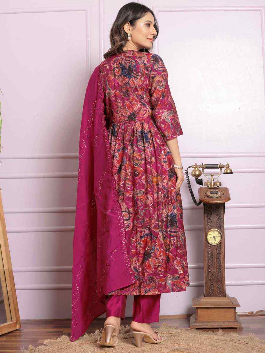 Maroon Modal Silk Embroidered Festival Mehendi Ready Anarkali Salwar Kameez