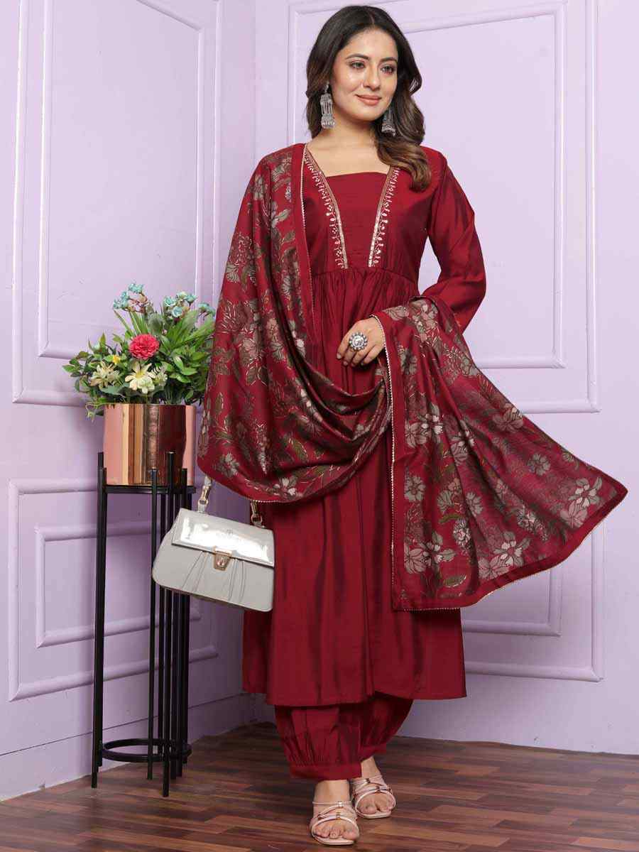 Maroon Modal Silk Embroidered Festival Mehendi Ready Anarkali Salwar Kameez