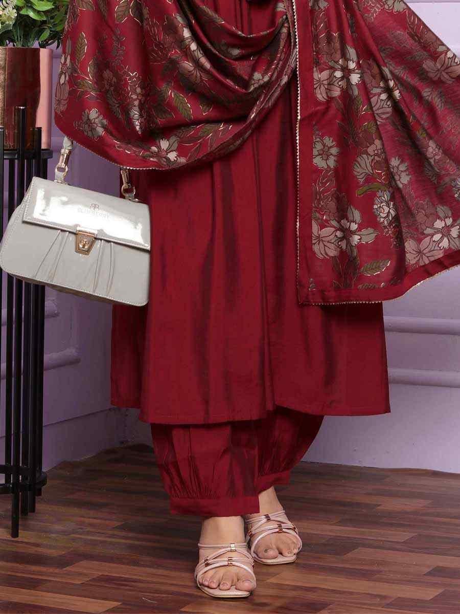 Maroon Modal Silk Embroidered Festival Mehendi Ready Anarkali Salwar Kameez