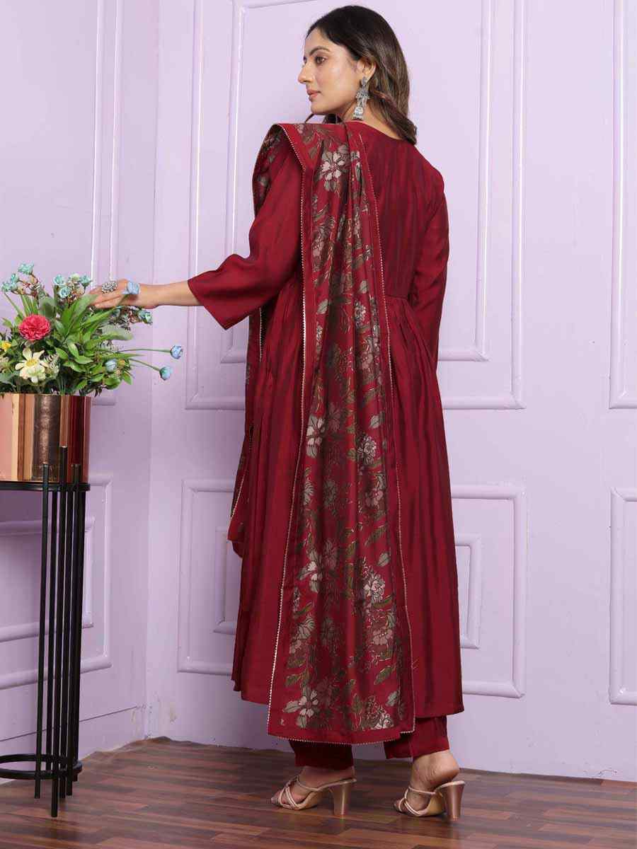 Maroon Modal Silk Embroidered Festival Mehendi Ready Anarkali Salwar Kameez