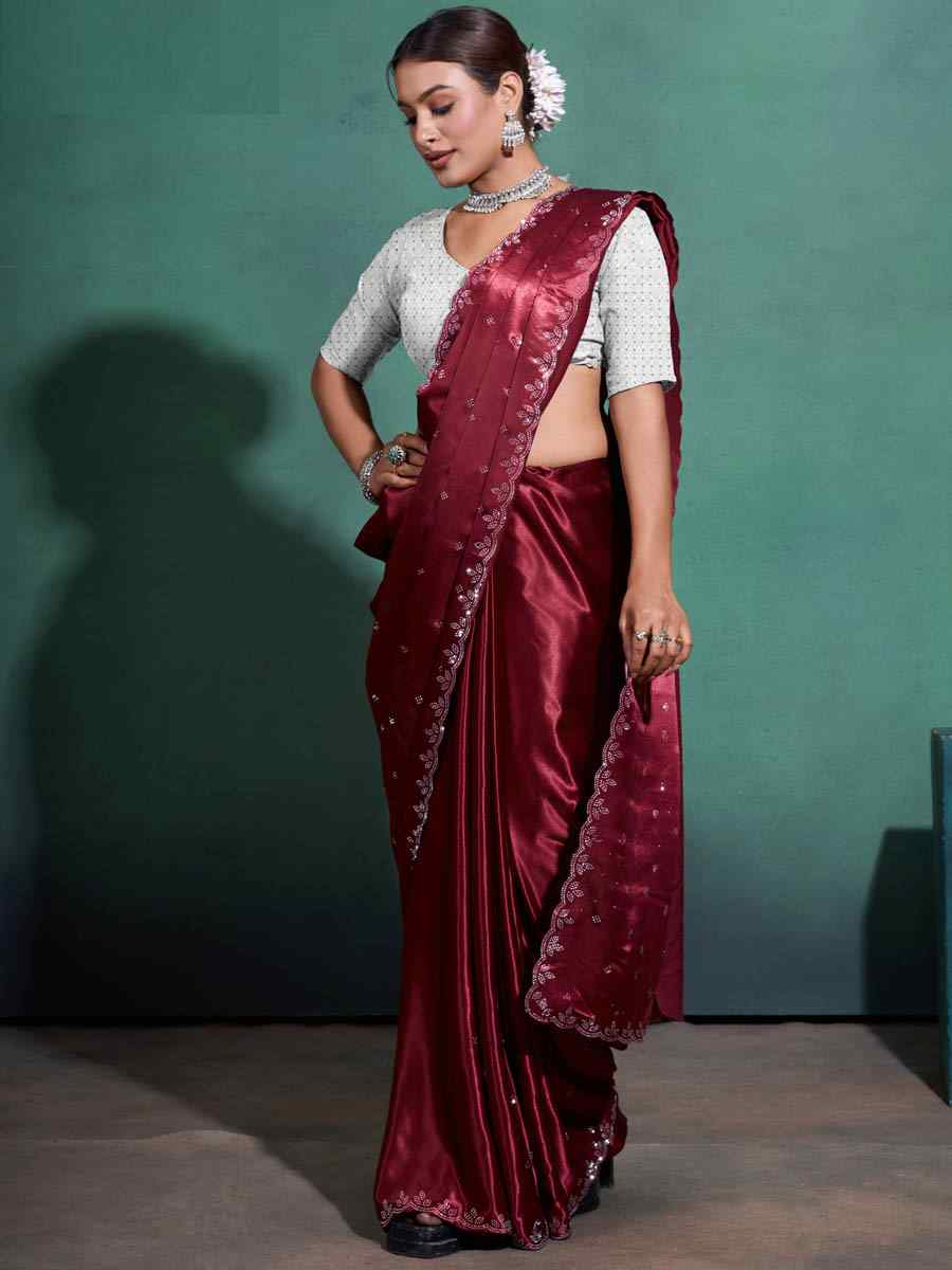 Maroon Moss Satin Embroidered Festival Party Heavy Border Saree