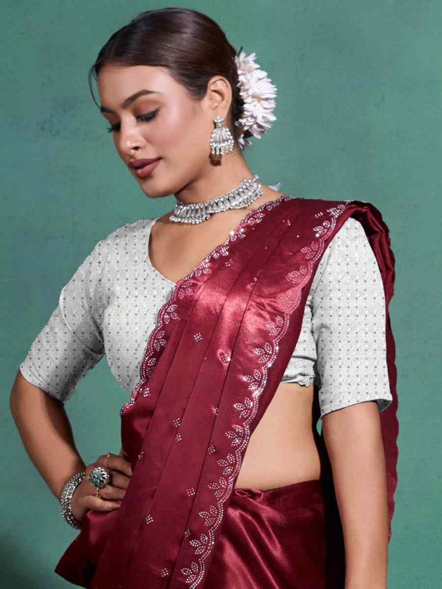 Maroon Moss Satin Embroidered Festival Party Heavy Border Saree