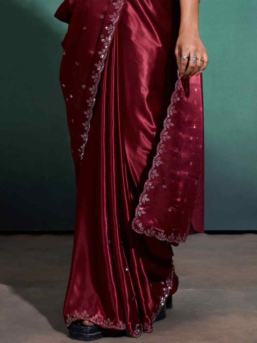 Maroon Moss Satin Embroidered Festival Party Heavy Border Saree