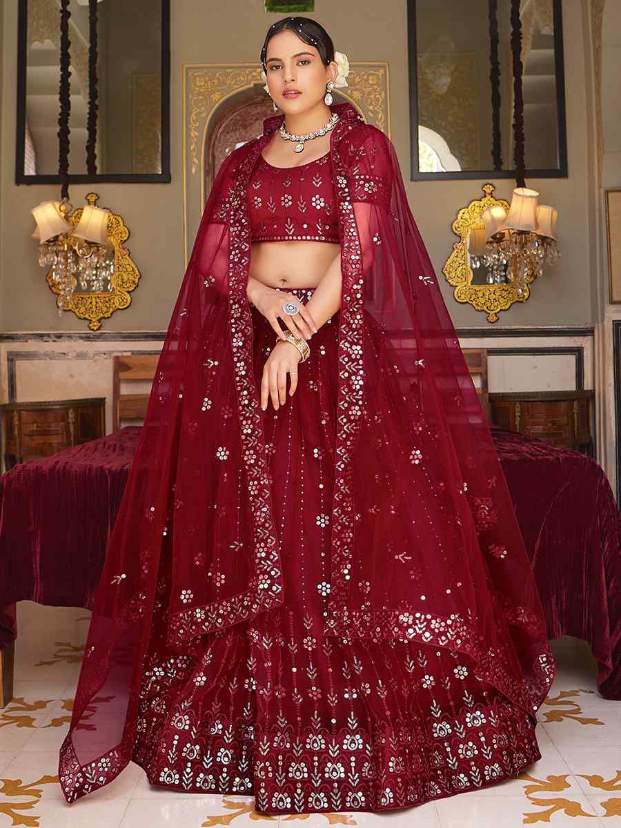 Maroon Net Embroidered Bridesmaid Wedding Heavy Border Lehenga Choli