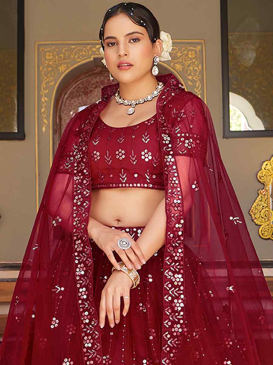 Maroon Net Embroidered Bridesmaid Wedding Heavy Border Lehenga Choli