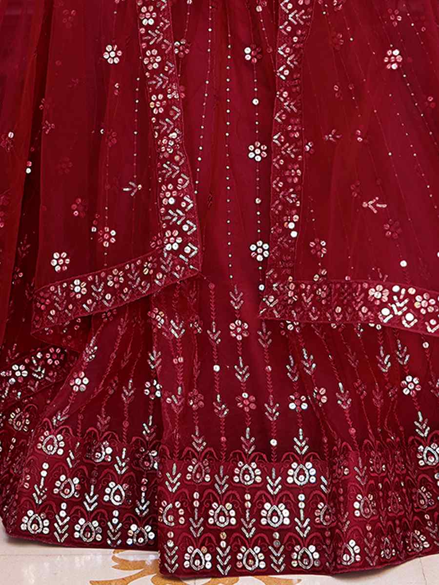 Maroon Net Embroidered Bridesmaid Wedding Heavy Border Lehenga Choli