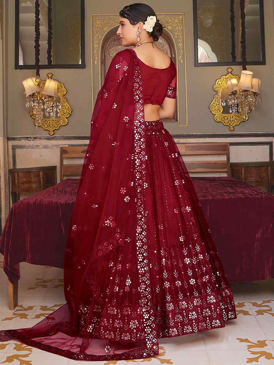 Maroon Net Embroidered Bridesmaid Wedding Heavy Border Lehenga Choli