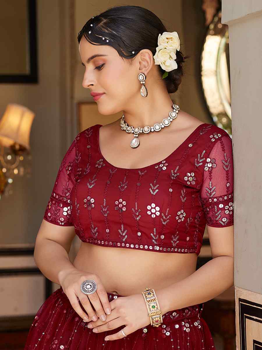 Maroon Net Embroidered Bridesmaid Wedding Heavy Border Lehenga Choli