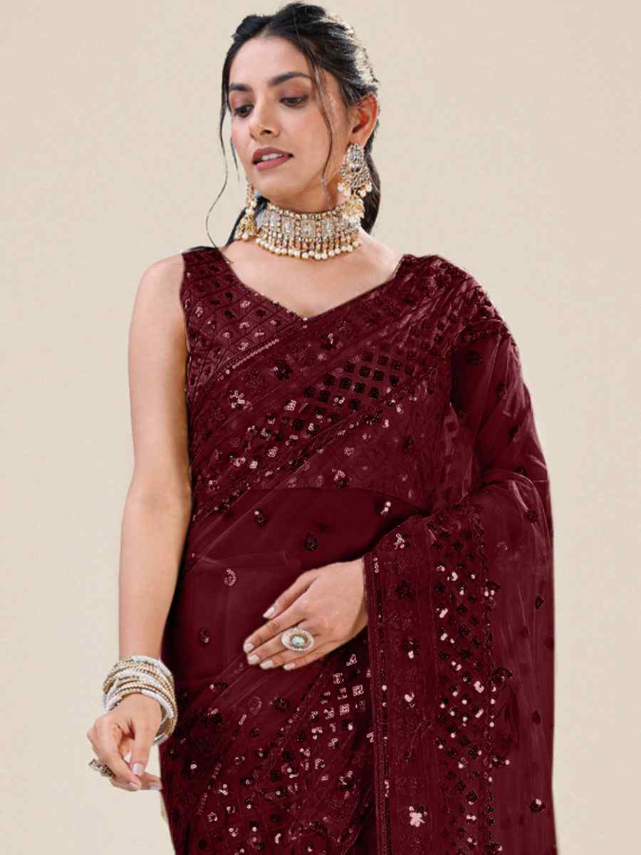 Maroon Net Embroidered Party Festival Heavy Border Saree