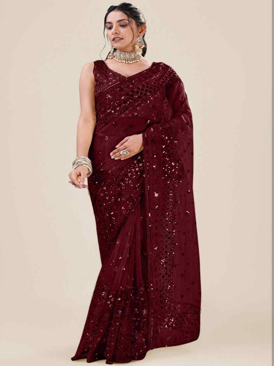 Maroon Net Embroidered Party Festival Heavy Border Saree