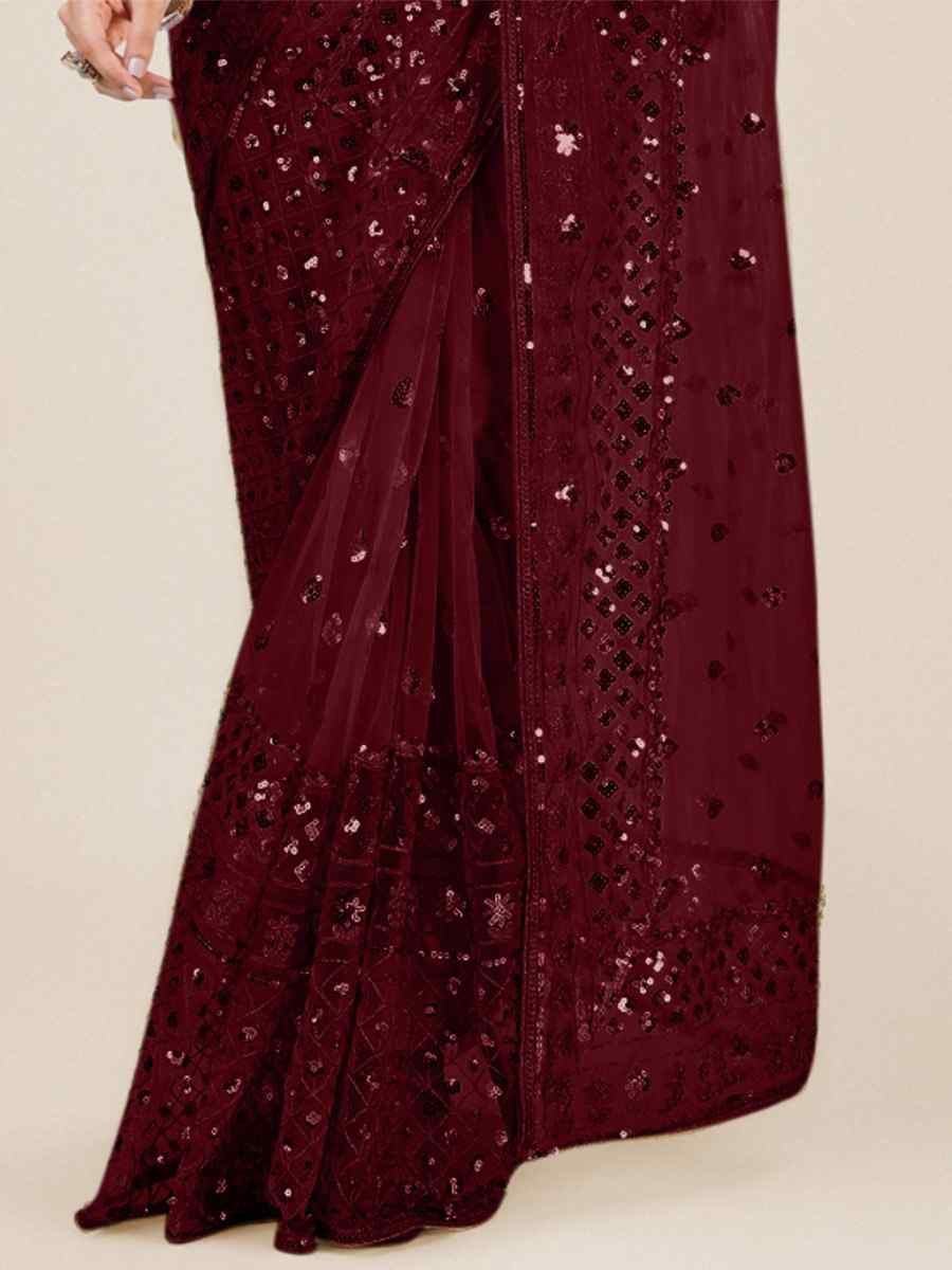 Maroon Net Embroidered Party Festival Heavy Border Saree