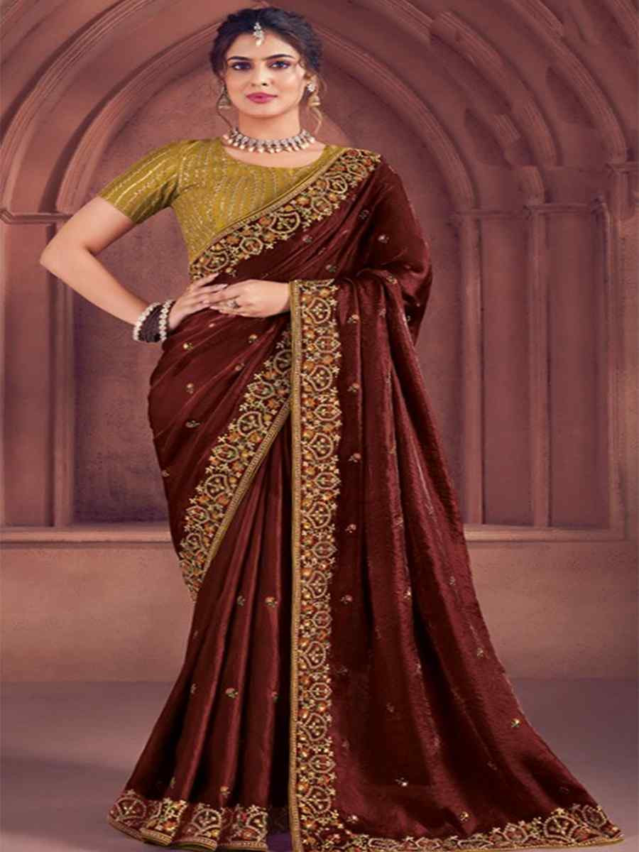 Maroon Organza Embroidered Bridesmaid Wedding Heavy Border Saree