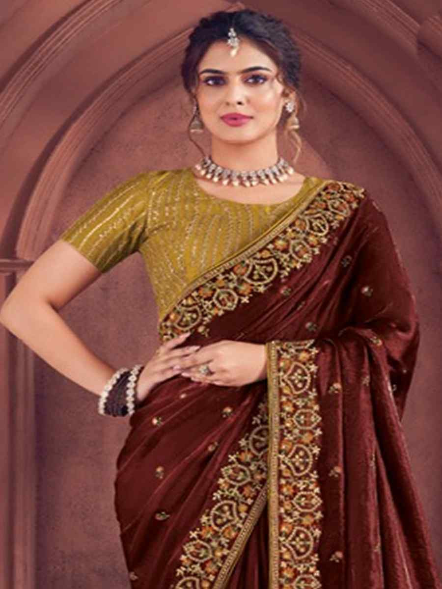 Maroon Organza Embroidered Bridesmaid Wedding Heavy Border Saree