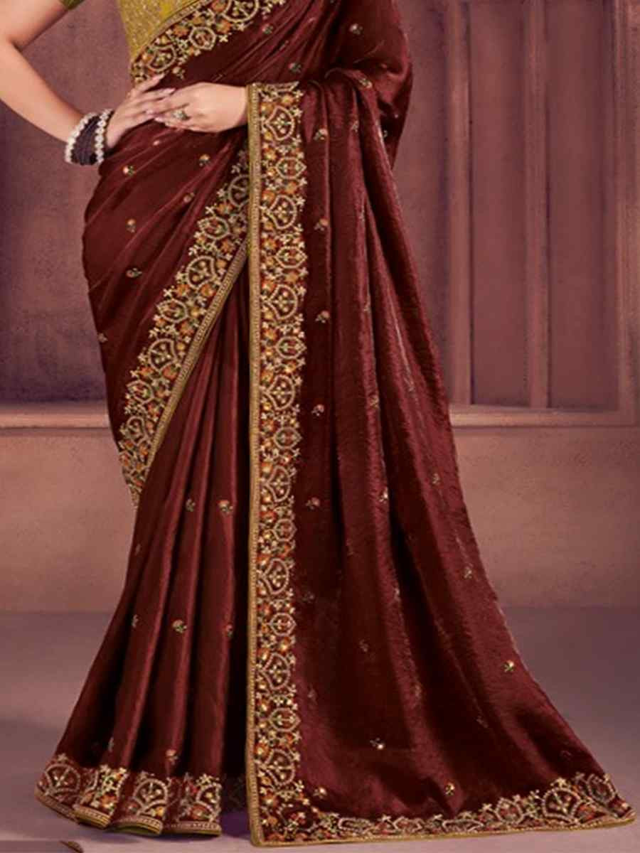 Maroon Organza Embroidered Bridesmaid Wedding Heavy Border Saree