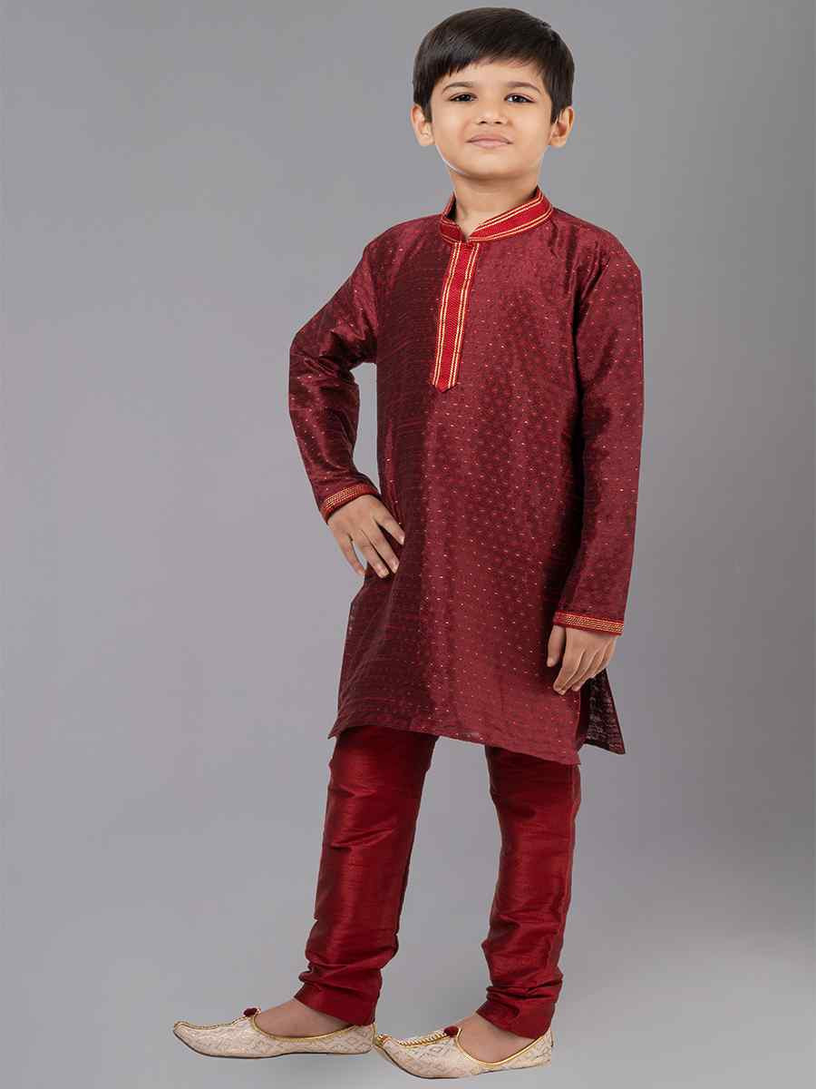 Maroon Polyester Cotton  Embroidered Festival Traditional Kurta Pyjama Boys Wear