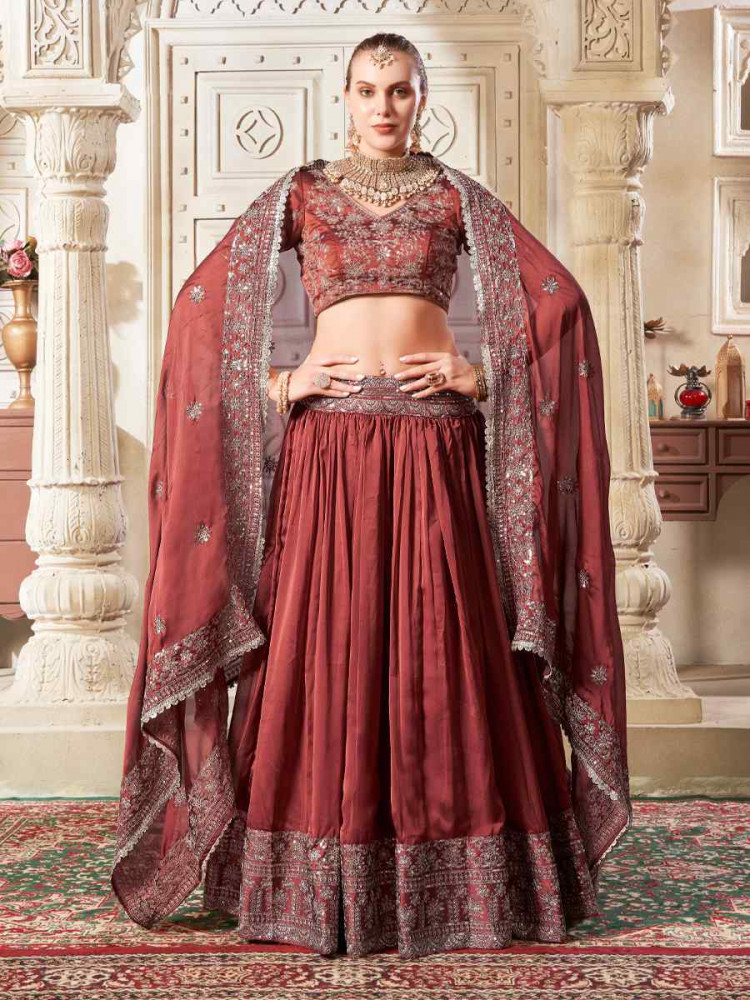 Maroon Premium Rangoli Silk Embroidered Reception Party Wear Heavy Border Lehenga Choli