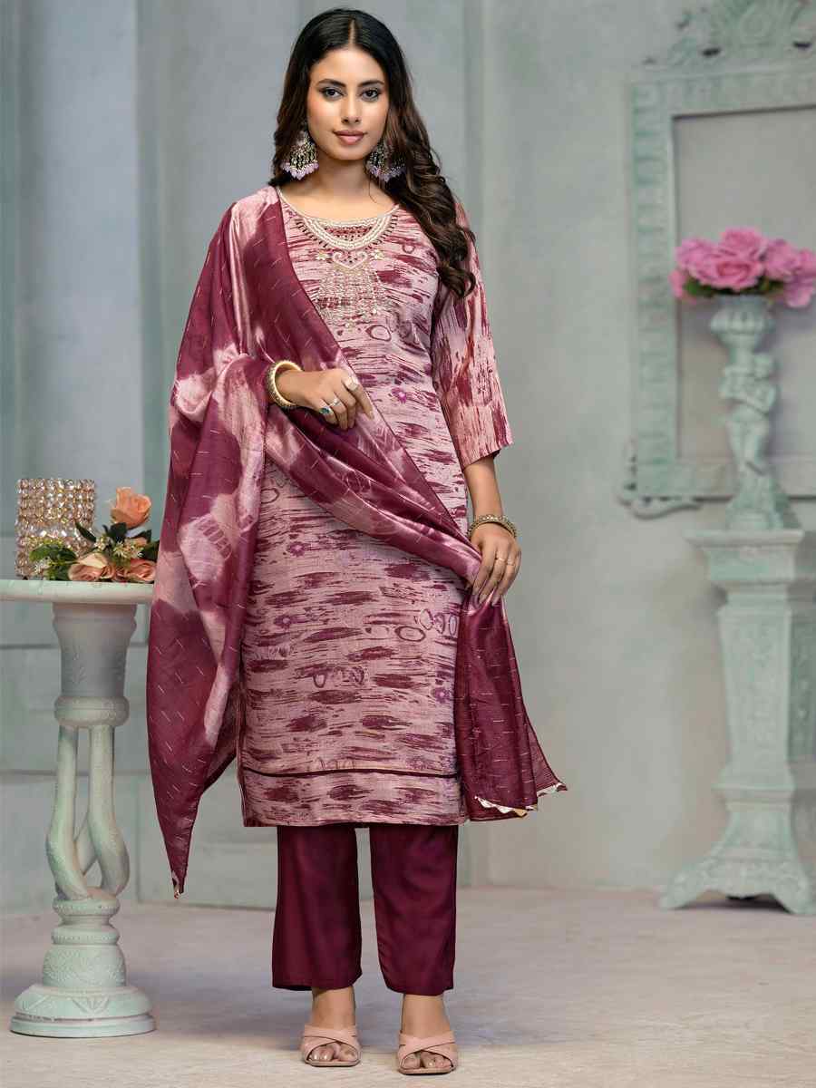 Maroon Premium Roman Cotton Embroidered Festival Casual Ready Pant Salwar Kameez