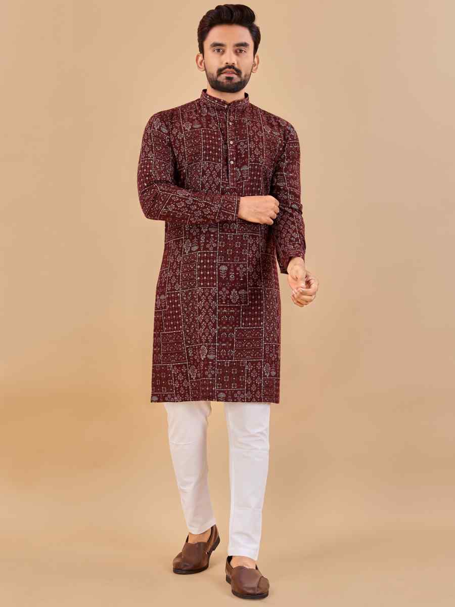 Maroon Premium Soft Cotton Printed Festival Casual Kurta