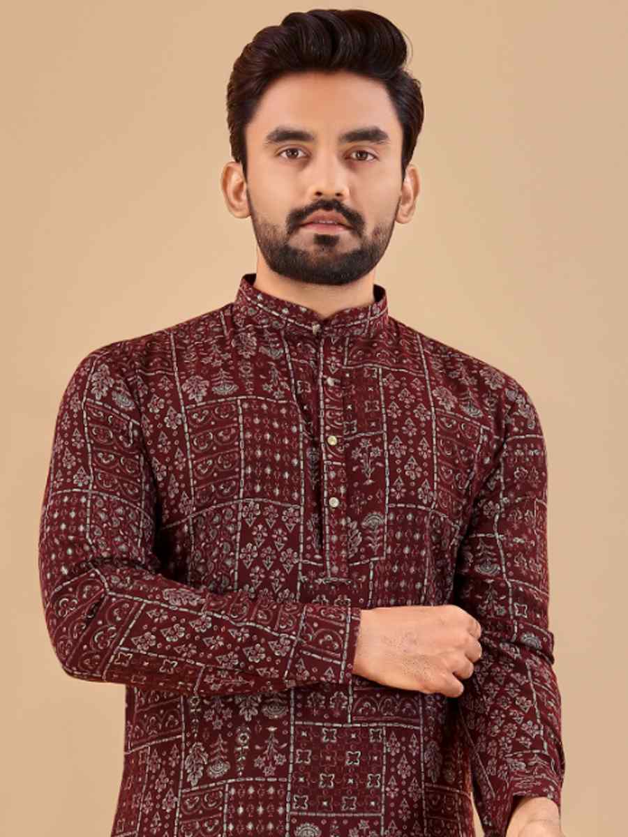 Maroon Premium Soft Cotton Printed Festival Casual Kurta