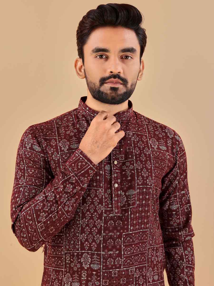 Maroon Premium Soft Cotton Printed Festival Casual Kurta