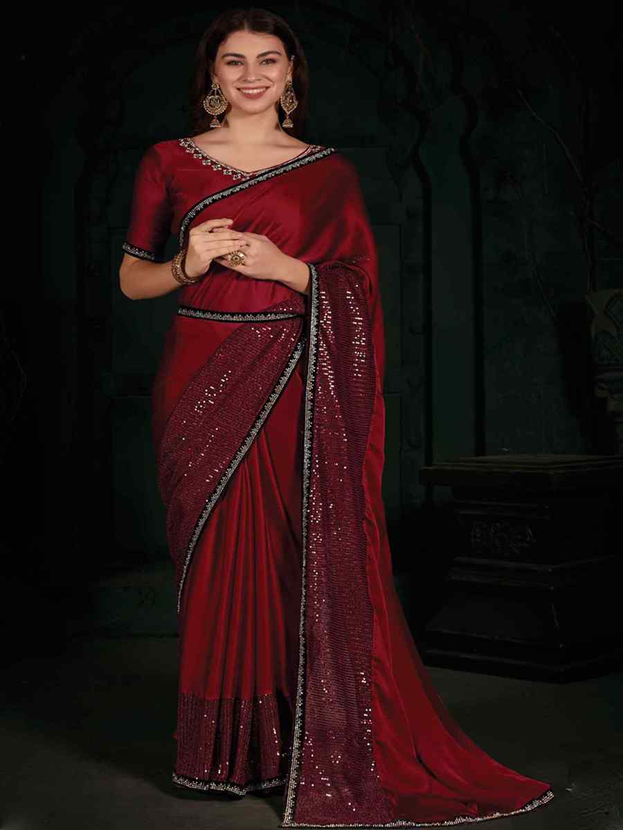 Maroon Pure Chiffon Silk Handwoven Wedding Festival Heavy Border Saree