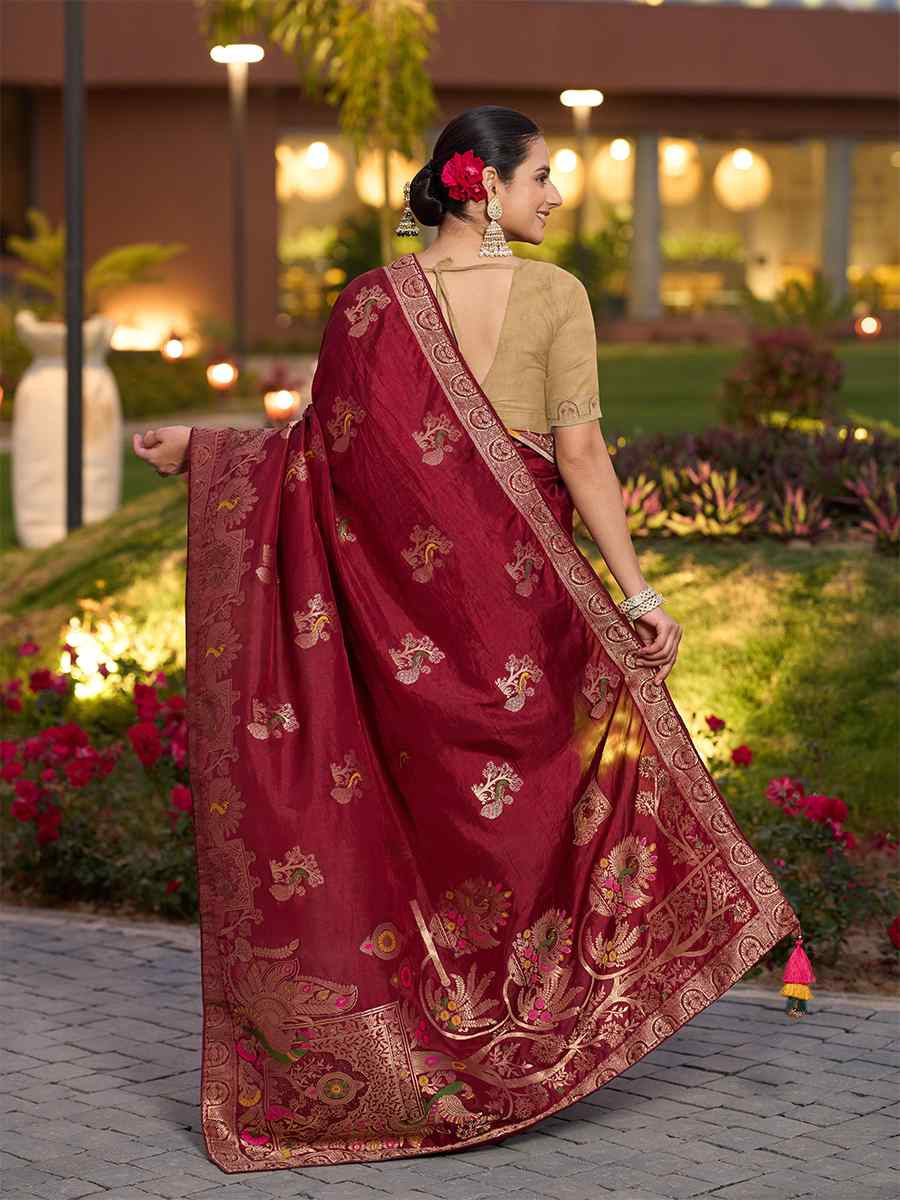 Maroon Pure Dola Silk Handwoven Festival Wedding Fancy Heavy Border Saree