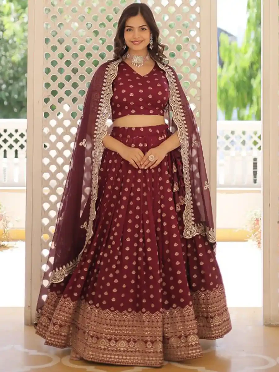 Maroon Pure Dyable Viscose Jacquard Embroidered Festival Wedding Heavy Border Lehenga Choli