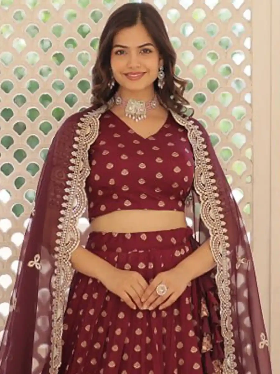 Maroon Pure Dyable Viscose Jacquard Embroidered Festival Wedding Heavy Border Lehenga Choli