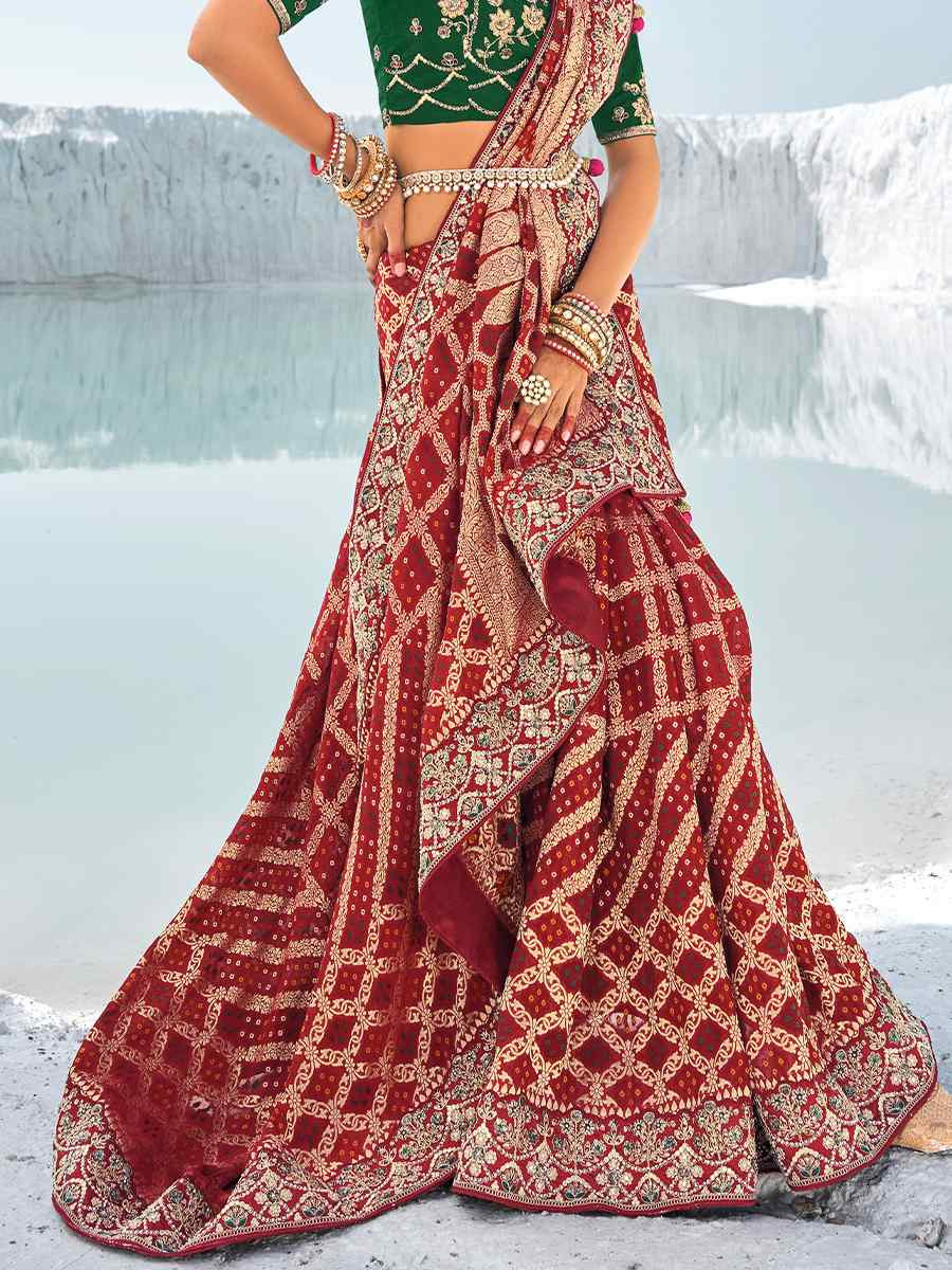 Maroon Pure Georgette Embroidered Festival Wedding Heavy Border Saree