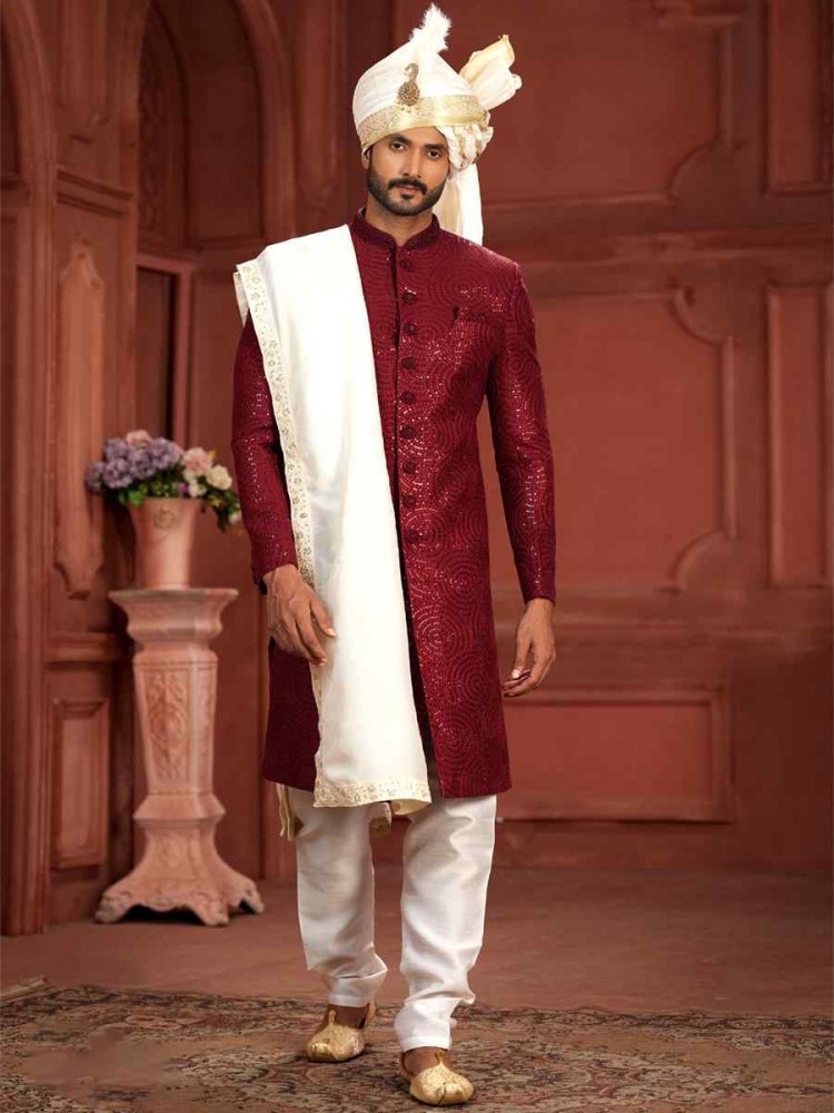 Maroon Pure Silk Embroidered Groom Wedding Sherwani