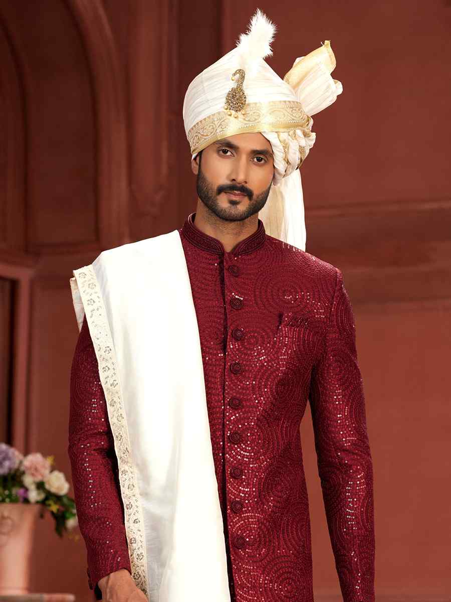 Maroon Pure Silk Embroidered Groom Wedding Sherwani