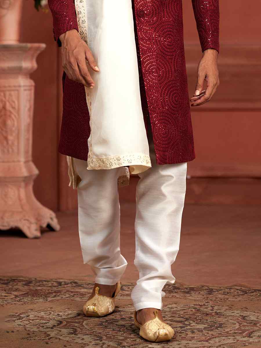 Maroon Pure Silk Embroidered Groom Wedding Sherwani