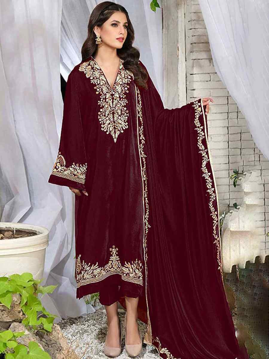 Maroon Pure Viscos Velvet Embroidered Festival Wedding Pant Salwar Kameez