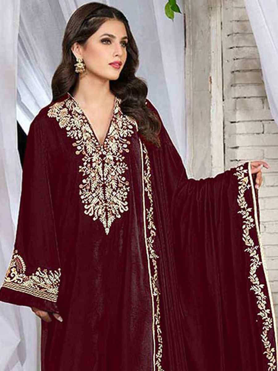 Maroon Pure Viscos Velvet Embroidered Festival Wedding Pant Salwar Kameez