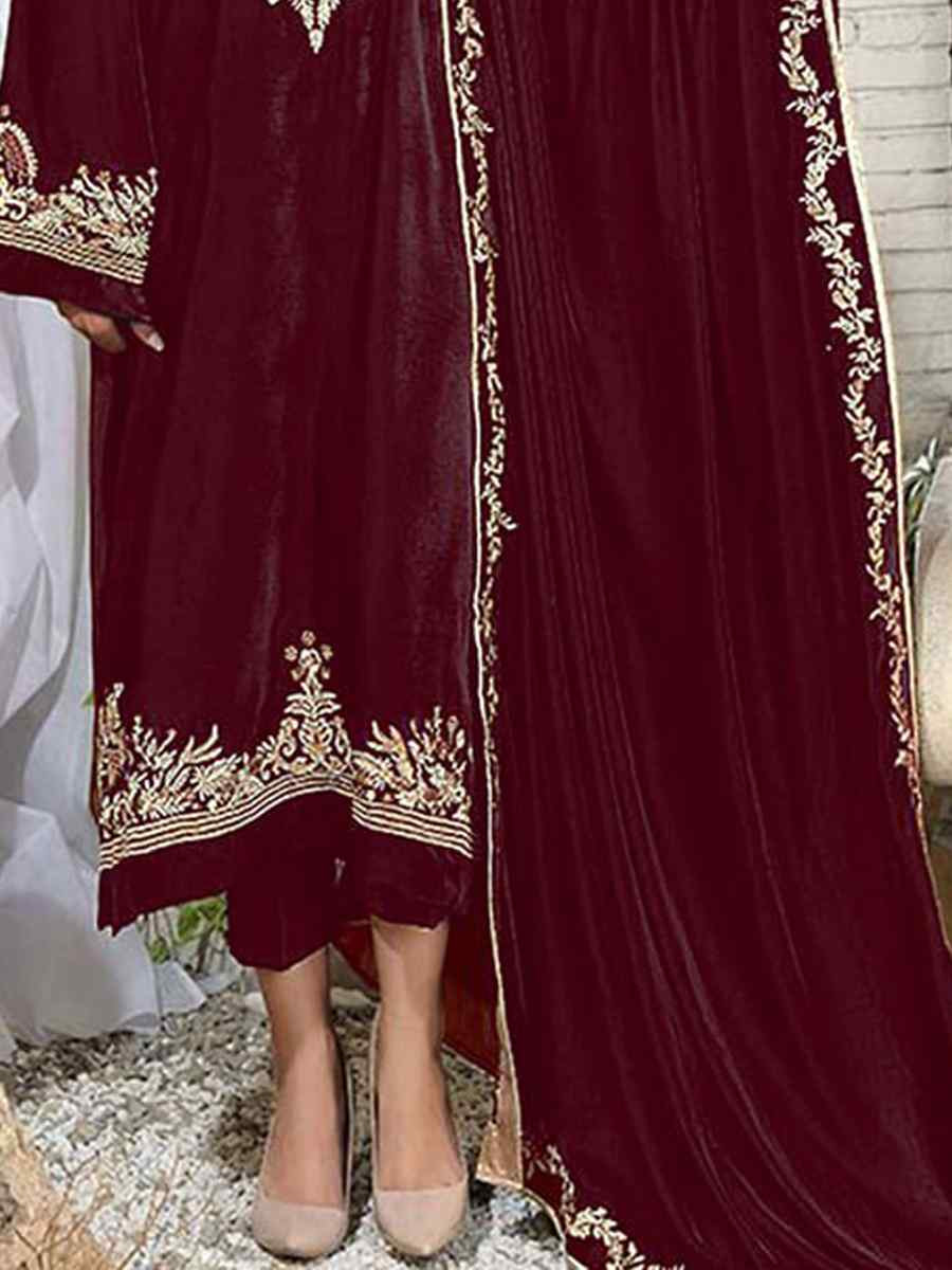 Maroon Pure Viscos Velvet Embroidered Festival Wedding Pant Salwar Kameez