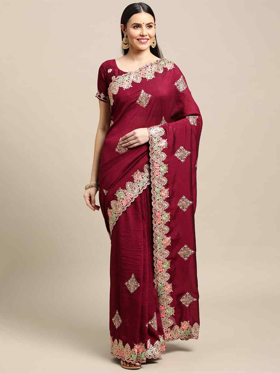 Maroon Rangoli Silk Embroidered Festival Wedding Heavy Border Saree